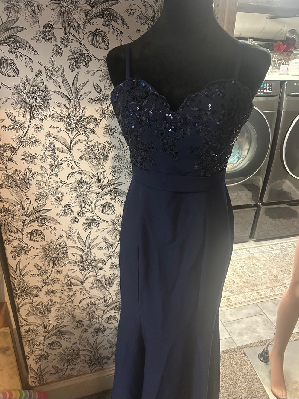 Strapless Sequin Lace Bodice Navy Prom Dress - Women